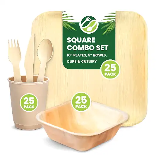 Disposable Palm Leaf Plates, Bowls, Cups and Wooden Cutlery Set - Eco Leaf Products