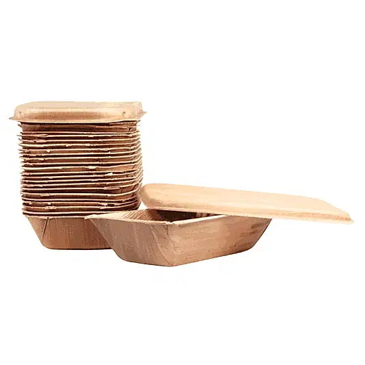 Set of wooden containers with lids on a white background