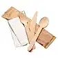 Eco Leaf Products Set of wooden cutlery including knife, fork, spoon, and napkins on a white background