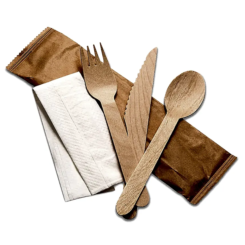 Eco Leaf Products Set of wooden cutlery including knife, fork, spoon, and napkins on a white background