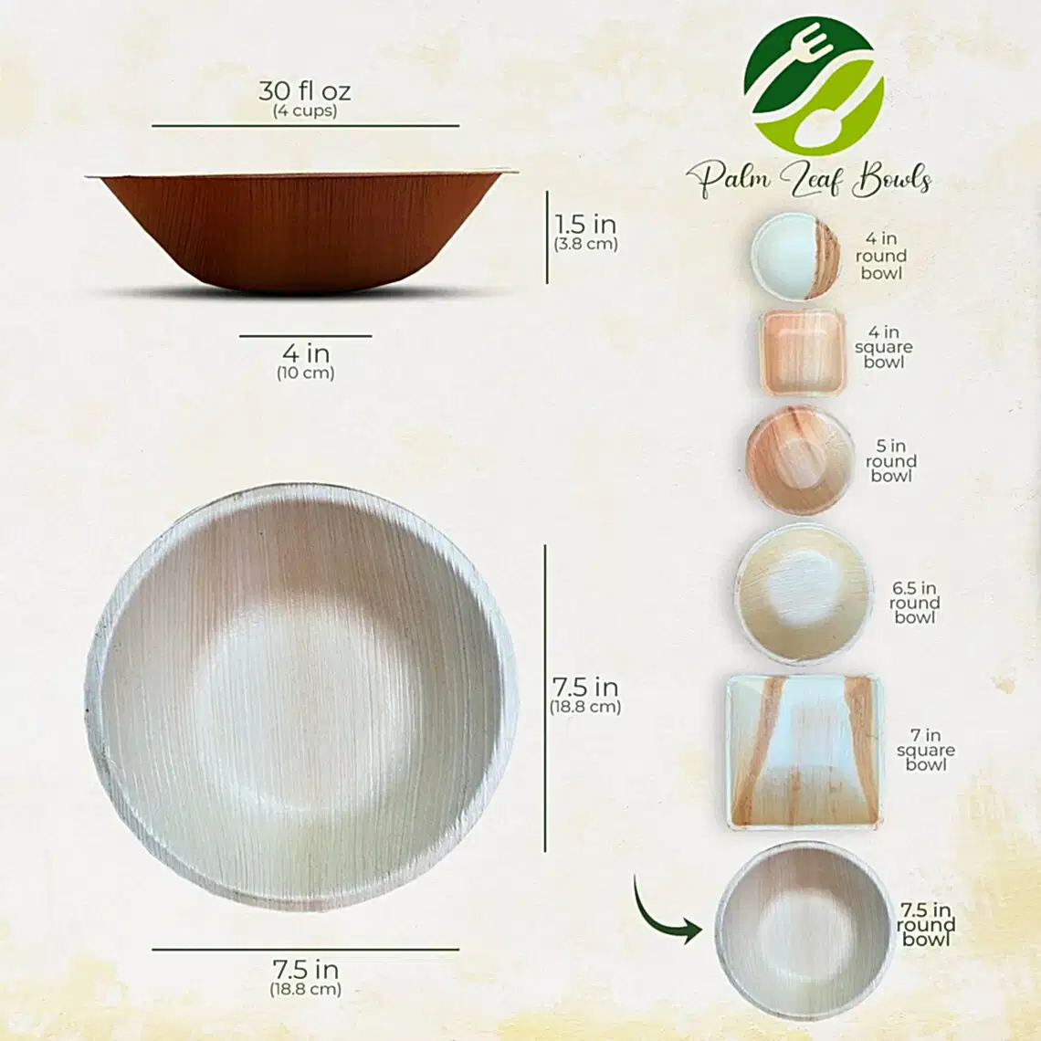 7.5" (19cm) Large Compostable Palm Leaf Bowl - Eco Leaf Products