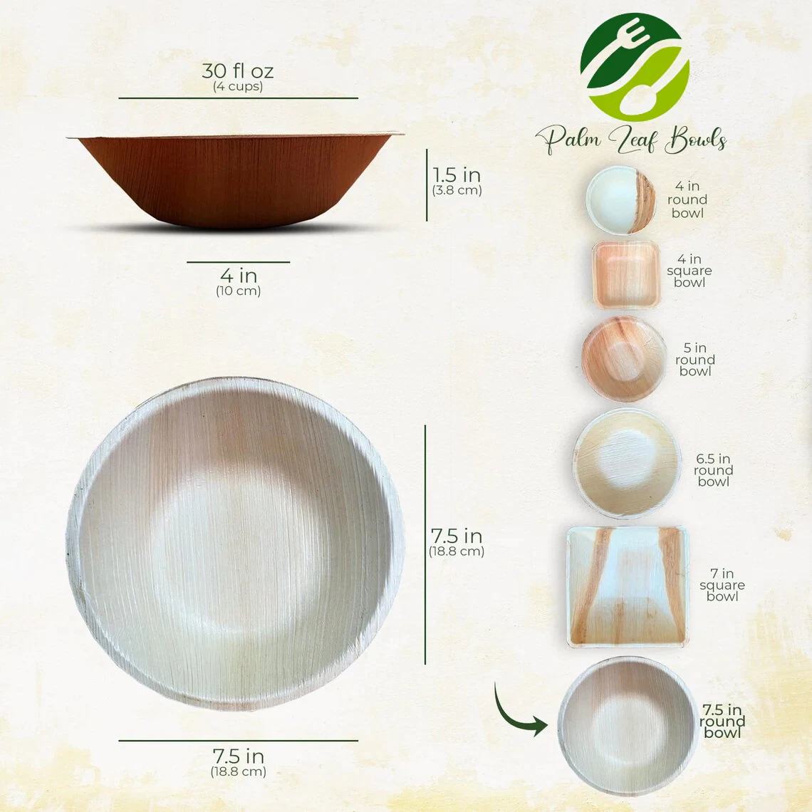 7.5" (19cm) Large Compostable Palm Leaf Bowl - Eco Leaf Products