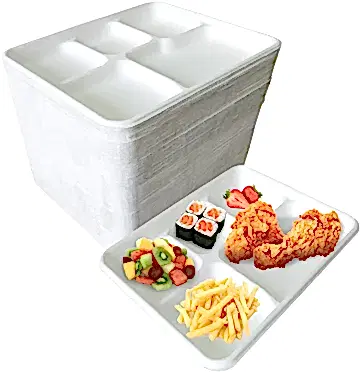 5 Compartment Disposable Plates White - Large 10" x 8" - Eco Leaf Products