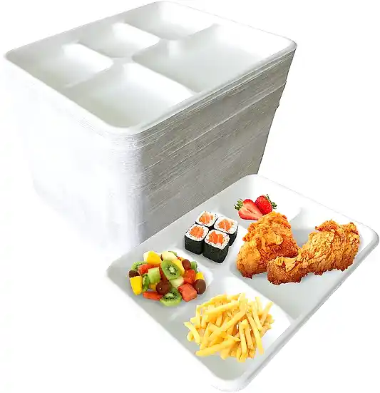 5 Compartment Disposable Plates White - Large 10" x 8" - Eco Leaf Products