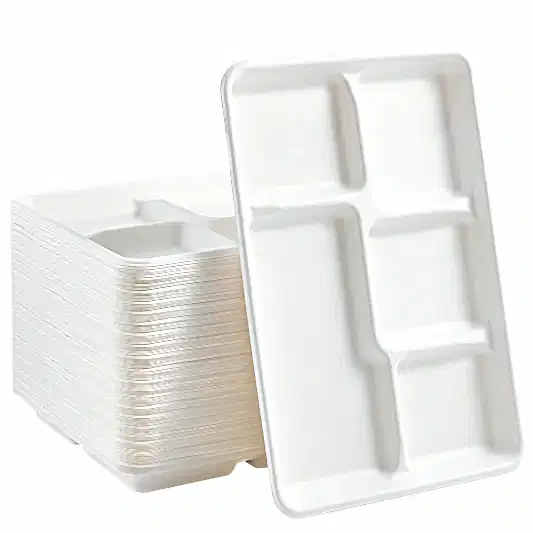 5 Compartment Disposable Plates White - Large 10" x 8" - Eco Leaf Products